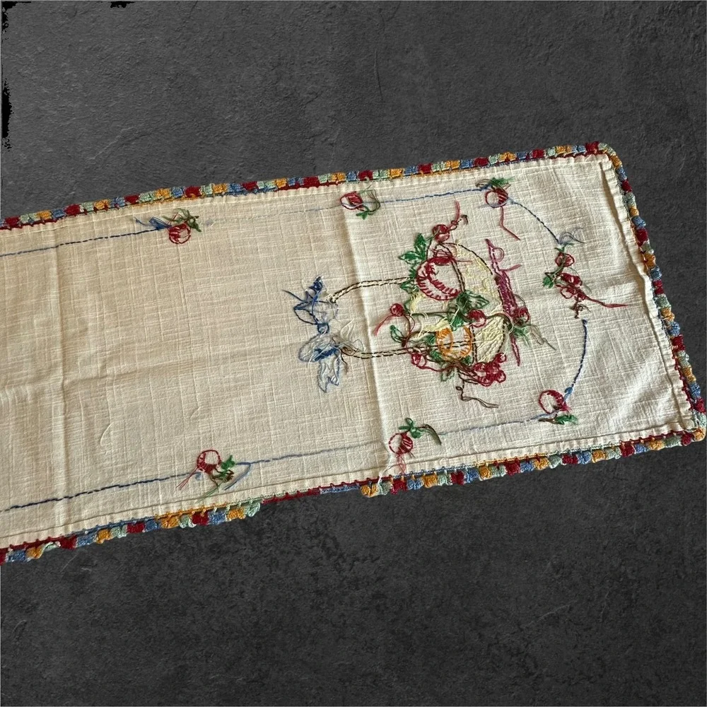 Vintage‎ Hand Embroidered Linen Table Runner Crochet Edge Cottagecore